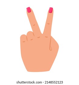 Gesture victory. A symbol showing V by a human hand. A woman's hand with nails covered with varnish. A simple vector illustration in a flat cartoon style isolated on a white background