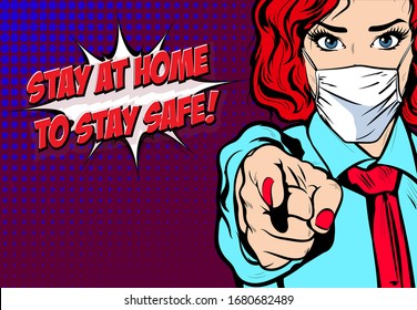 Gesture Woman Pointing Finger At You Wearing Medical Face Mask,epidemic. Concept Of Corona Virus Quarantine, Stay At Home Message. Vector Pop Art Illustration In Retro Comic Book Vintage Style