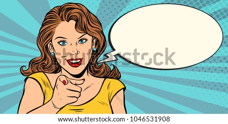 gesture woman pointing finger at you. Pop art retro comic book cartoon drawing vector illustration kitsch vintage