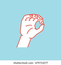 Gesture. Zero.  Stylized hand with index and thumb making circle. Icon. Vector illustration on a blue background. Orange lines and white silhouette.
