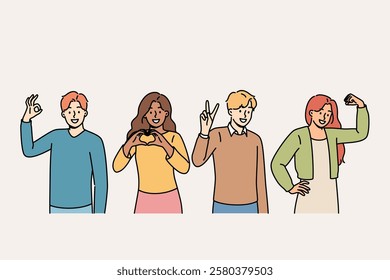 Gestures of agreement and approval are demonstrated by multiracial people, sign of solidarity. Positive guys and girls showing OK symbol or V heart sign for support or approval of advertised product