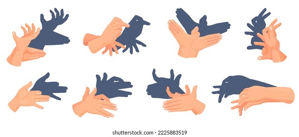 Gestures animal shadows. Vintage shadow theater concept, hand play theatrical puppet human imagination idea creative light show game animals elements, ingenious vector illustration of shadow animal