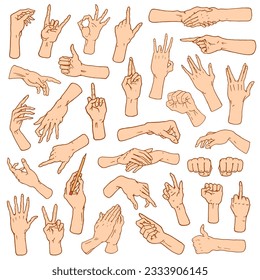  Gestures arms stop, palm, thumbs up, finger pointer, ok, like and pray or handshake, fist and peace or rock n roll. engraved hand drawn in old sketch style, vintage collection of emotion and signs.