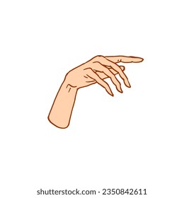  Gestures arms stop, palm, thumbs up, finger pointer, ok, like and pray or handshake, fist and peace or rock n roll. engraved hand drawn in old sketch style, vintage collection of emotion and signs.