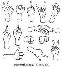 Gestures arms stop, palm, thumbs up, finger pointer, ok, like and pray or handshake, fist and peace or rock n roll. engraved hand drawn in old sketch style, vintage collection of emotion and signs.