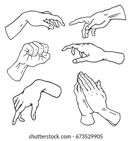 Gestures arms stop, palm, thumbs up, finger pointer, ok, like and pray or handshake, fist and peace or rock n roll. engraved hand drawn in old sketch style, vintage collection of emotion and signs.