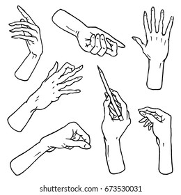 Gestures arms stop, palm, thumbs up, finger pointer, ok, like and pray or handshake, fist and peace or rock n roll. engraved hand drawn in old sketch style, vintage collection of emotion and signs.