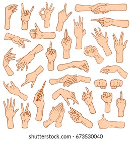 Gestures arms stop, palm, thumbs up, finger pointer, ok, like and pray or handshake, fist and peace or rock n roll. engraved hand drawn in old sketch style, vintage collection of emotion and signs.