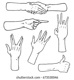 Gestures arms stop, palm, thumbs up, finger pointer, ok, like and pray or handshake, fist and peace or rock n roll. engraved hand drawn in old sketch style, vintage collection of emotion and signs.