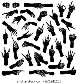 Gestures arms stop, palm, thumbs up, finger pointer, ok, like and pray or handshake, fist and peace or rock n roll. engraved hand drawn in old sketch style, vintage collection of emotion and signs.