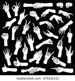 Gestures arms stop, palm, thumbs up, finger pointer, ok, like and pray or handshake, fist and peace or rock n roll. engraved hand drawn in old sketch style, vintage collection of emotion and signs.