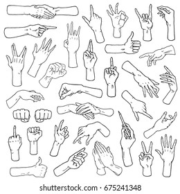 Gestures arms stop, palm, thumbs up, finger pointer, ok, like and pray or handshake, fist and peace or rock n roll. engraved hand drawn in old sketch style, vintage collection of emotion and signs.