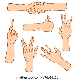 Gestures arms stop, palm, thumbs up, finger pointer, ok, like and pray or handshake, fist and peace or rock n roll. engraved hand drawn in old sketch style, vintage collection of emotion and signs.