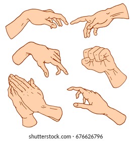 Gestures arms stop, palm, thumbs up, finger pointer, ok, like and pray or handshake, fist and peace or rock n roll. engraved hand drawn in old sketch style, vintage collection of emotion and signs.