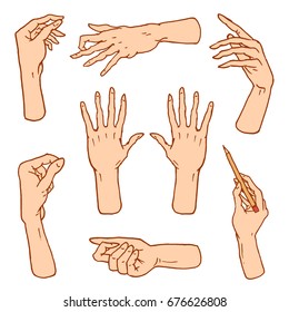 Gestures arms stop, palm, thumbs up, finger pointer, ok, like and pray or handshake, fist and peace or rock n roll. engraved hand drawn in old sketch style, vintage collection of emotion and signs.