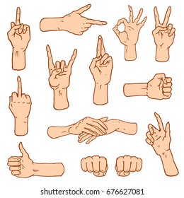 Gestures arms stop, palm, thumbs up, finger pointer, ok, like and pray or handshake, fist and peace or rock n roll. engraved hand drawn in old sketch style, vintage collection of emotion and signs.