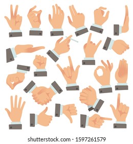 Gestures of businessman. Success people palms and hands, communication stopping holding shaking vector color icon of agreement sign set