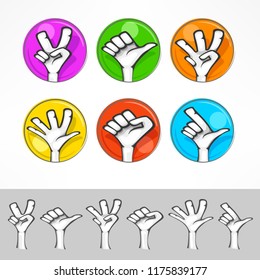 Gestures of cartoon human hand on color and white background. Flat. Vector illustration.