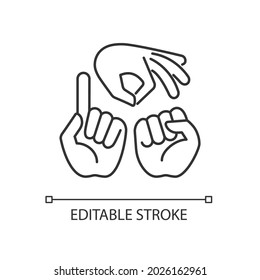 Gestures in communication linear icon. Hands movement. Express feelings. Non-verbal communication. Thin line customizable illustration. Contour symbol. Vector isolated outline drawing. Editable stroke