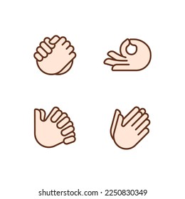 Gesta la comunicación píxel perfecto conjunto de iconos de color RGB. Señales de posición de mano. Expresión y saludo. Ilustraciones vectoriales aisladas. Colección de planos de línea simple rellena. Trazo editable