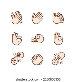 Gestures and communication pixel perfect RGB color icons set. Non verbal signals. Body expression. Isolated vector illustrations. Simple filled line drawings collection. Editable stroke