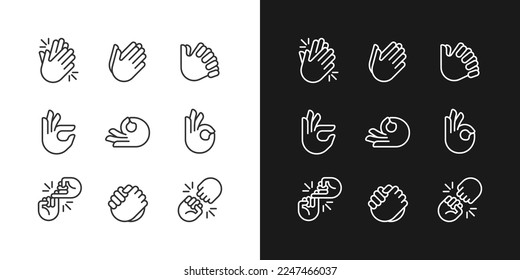 Gestures and communication pixel perfect white linear icon for dark themes set for dark, light mode. Non verbal signals. Thin line symbols for night, day theme. Isolated illustrations. Editable stroke