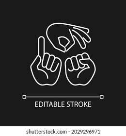 Gestures in communication white linear icon for dark theme. Hands movement. Nonverbal communication. Thin line customizable illustration. Isolated vector contour symbol for night mode. Editable stroke