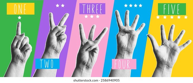 Gestures for counting from one to five. Modern art halftone collage with fingers pointing the numbers. five wrists with different sign for web design and ranking concept. Vector ilustration