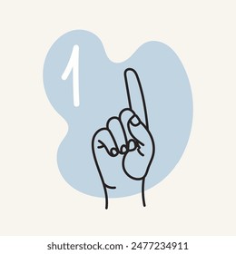 Gestures for the deaf, number 1. English fingerspelling. Hand drawn vector ilustranion. 