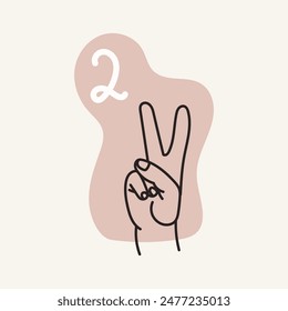 Gesten für Gehörlose, Nummer 2. Englisch finger spelling. Handgezeichnete Vektorgrafik Illustration. 