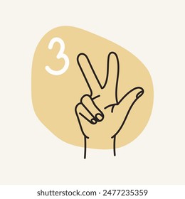 Gesten für Gehörlose, Nummer 3. Englisch finger spelling. Handgezeichnete Vektorgrafik Illustration. 