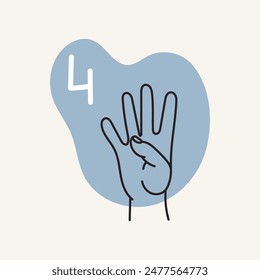 Gestures for the deaf, number 4. English fingerspelling. Hand drawn vector ilustranion. 