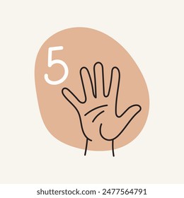 Gestures for the deaf, number 5. English fingerspelling. Hand drawn vector ilustranion. 