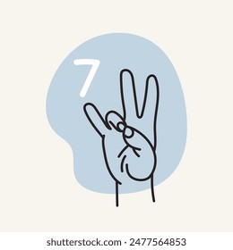 Gesten für Gehörlose, Nummer 7. Englisch finger spelling. Handgezeichnete Vektorgrafik Illustration. 