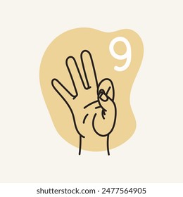 Gesten für Gehörlose, Nummer 7. Englisch finger spelling. Handgezeichnete Vektorgrafik Illustration. 