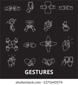 Gestures editable line icons vector set on black background. Gestures white outline illustrations, signs, symbols