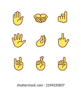 Gestures expression pixel perfect RGB color icons set. Non verbal communication. System of visual symbols. Isolated vector illustrations. Simple filled line drawings collection. Editable stroke