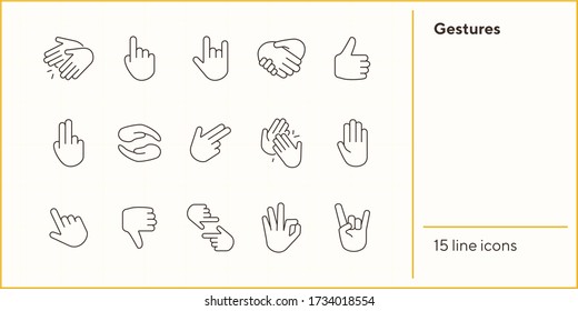 Gestaltet flache Linien-Symbole. Gesten einer isolierten Zeichenkette. Signieren Sie das Sprachkonzept. Vector-Illustrationssymbole