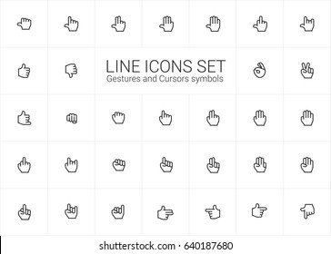 Gestures and Hand Cursors. Minimalism vector symbols, line icons set for mobile and desktop screens design.