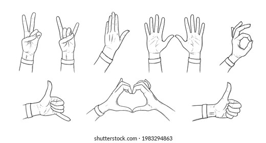 Gestures and hand signs. Sketch set with hands. Outline vector illustration isolated in white background