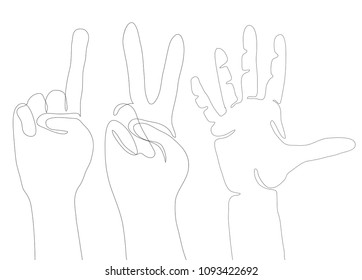 Gestures of hands from continuous line. The gesture of peace, indicating finger, five. Vector element for your creativity