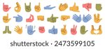 Gestures and hands showing non verbal elements of communication. Vector isolated prey symbol, thumb up and rock and roll, okay and peace, heart and first up. Waving and stop, pointing finger