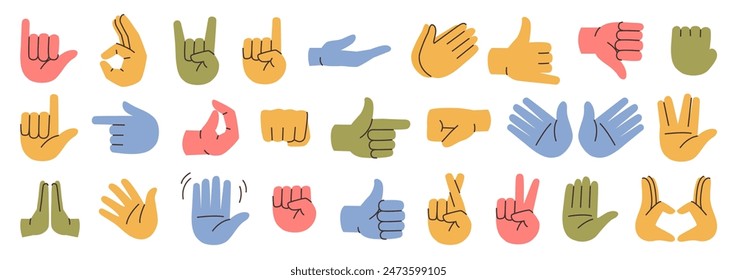 Gestures and hands showing non verbal elements of communication. Vector isolated prey symbol, thumb up and rock and roll, okay and peace, heart and first up. Waving and stop, pointing finger