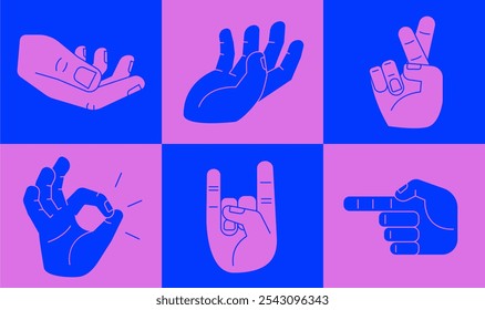 Gestures of hands showing non verbal elements of communication. Vector isolated symbols - okay, pointing finger, victory, luck, success in pink and blue for design 