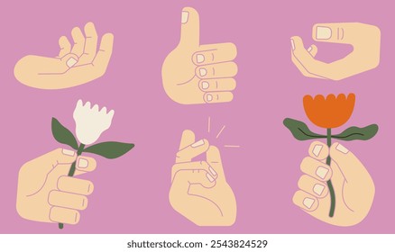 Gestures of hands showing non verbal elements of communication. Vector isolated symbols - okay, snap, give a flower, success 