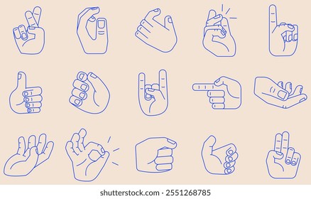 Gestures of hands showing non verbal elements of communication. Vector linear symbols - okay, pointing finger, victory, luck, success in blue for design 