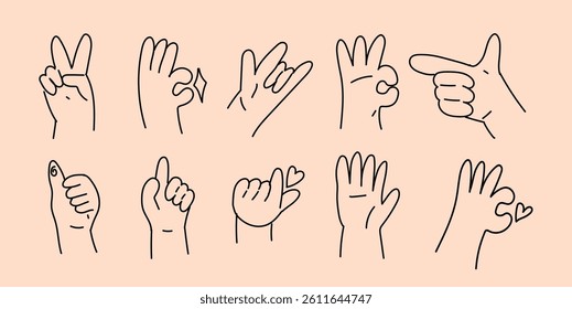 Gestures and hands showing non verbal elements of communication. Vector isolated illustrations of one line hand gesturesм