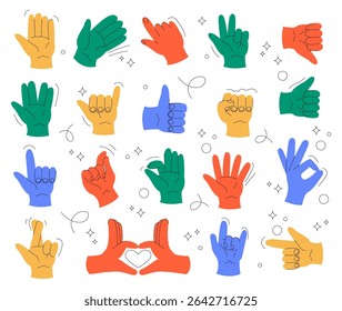 Gestures and hands showing non verbal elements of communication. Vector isolated open palm and rebellion symbols with doodles. Thumb up and down, rock and roll and okay, peace and first up