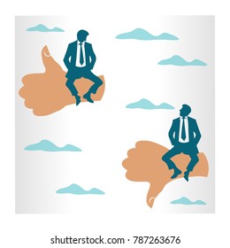 gestures with his thumb for and against