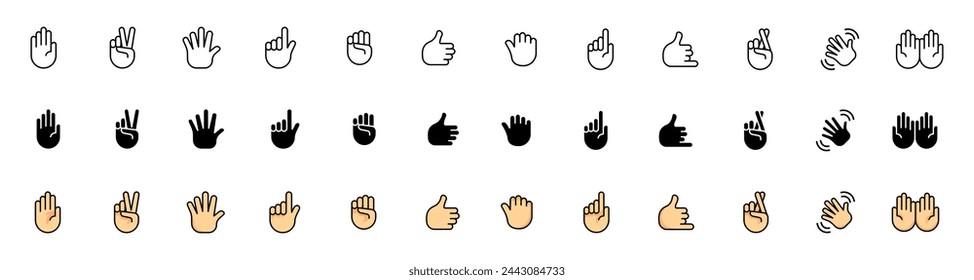 Gestures icon collection. Linear, silhouette and flat style. Vector icons